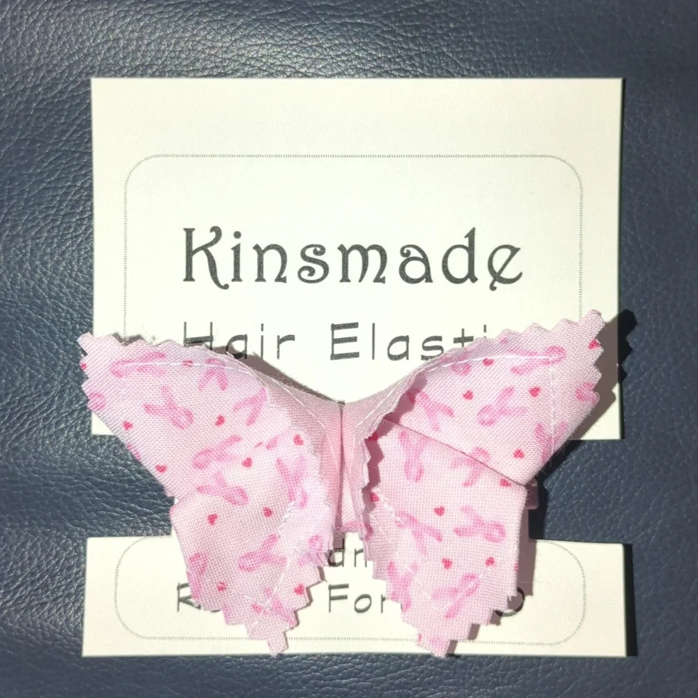 Breast Cancer Awareness ribbon origami butterfly hair elastic handmade patchwork